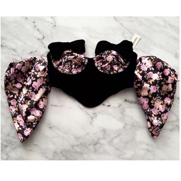 For Love & Lemons Nwt Black Velvet Off Shoulder Floral Sleeve Kate Corset Top - Picture 1 of 7
